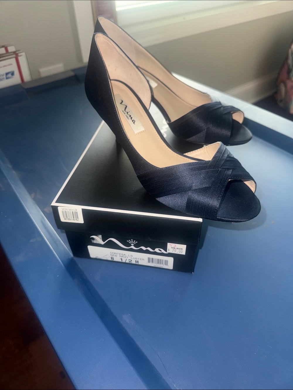 Nina Black Satin Peep-Toe Pumps with Crisscross Upper